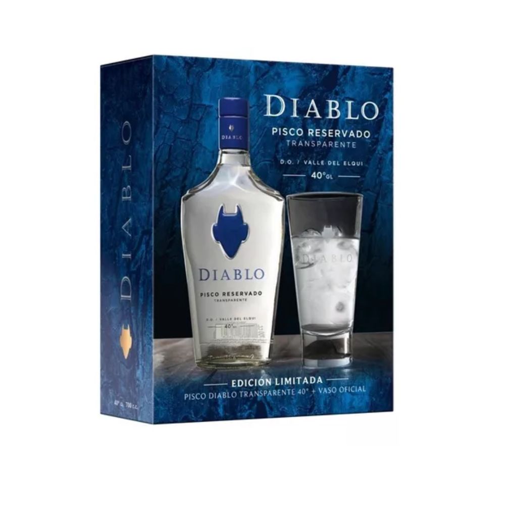Pack Pisco Diablo 700ml 40° Transparente + Vaso Oficial.
